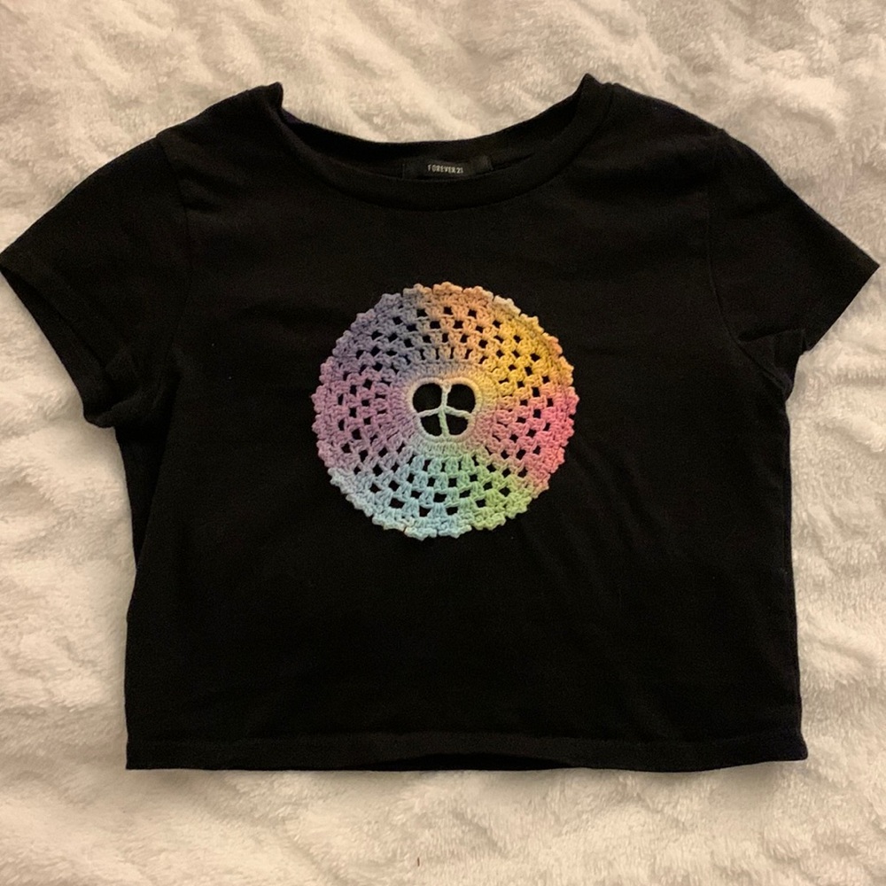 Forever 21 Cropped Black and Rainbow Crochet Tee